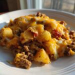 A close-up serving of Cheesy Taco Potatoes featuring chunks of potato, seasoned ground beef, and melted cheddar cheese.