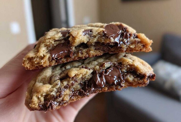 A hand holding two halves of a chewy chocolate chip cookie, showing gooey, melted chocolate centers.