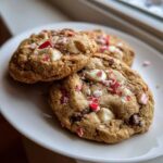 Three chewy peppermint chocolate chip cookies topped with white chocolate chips and crushed candy canes on a white plate.