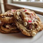 A stack of three chewy peppermint chocolate chip cookies featuring white chocolate chips and crushed candy canes.