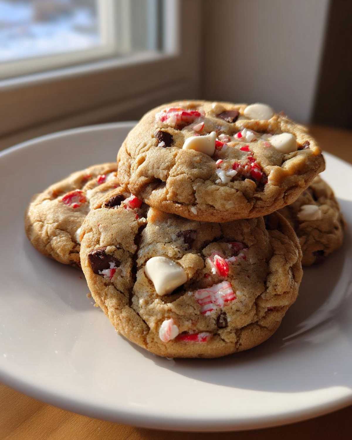 A stack of three chewy peppermint chocolate chip cookies featuring white chocolate chips and crushed candy cane pieces.