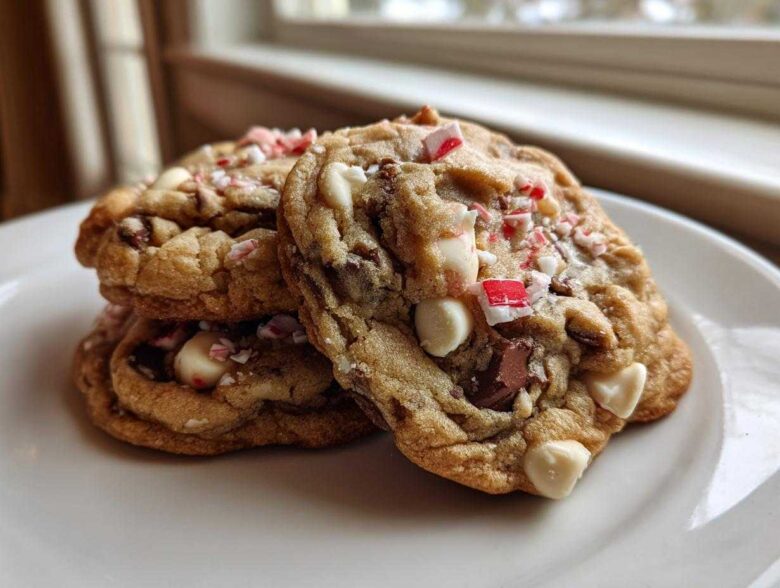 A stack of three chewy peppermint chocolate chip cookies featuring white chocolate chips and crushed candy canes.