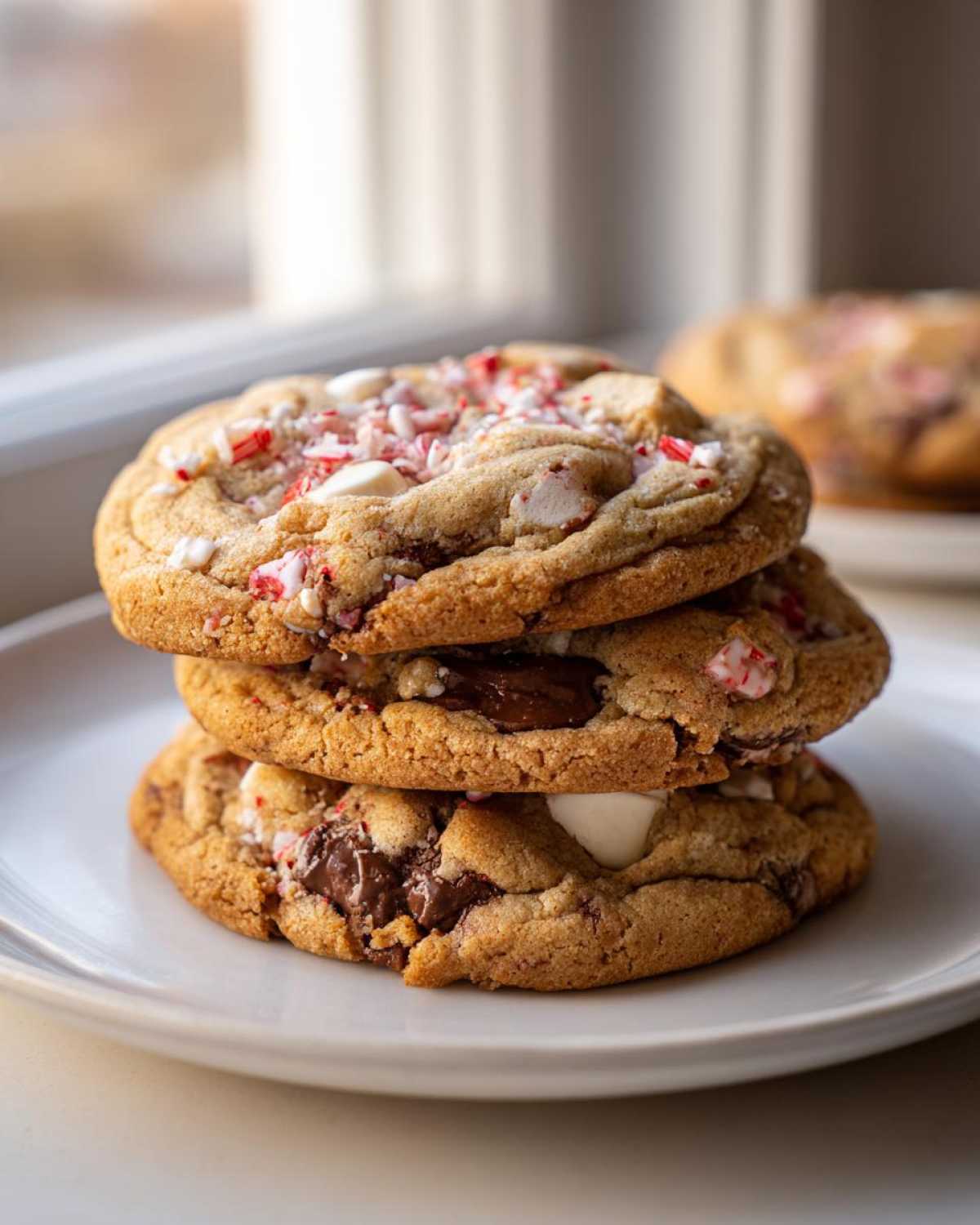 A stack of three chewy peppermint chocolate chip cookies topped with crushed candy canes and white chocolate chips.