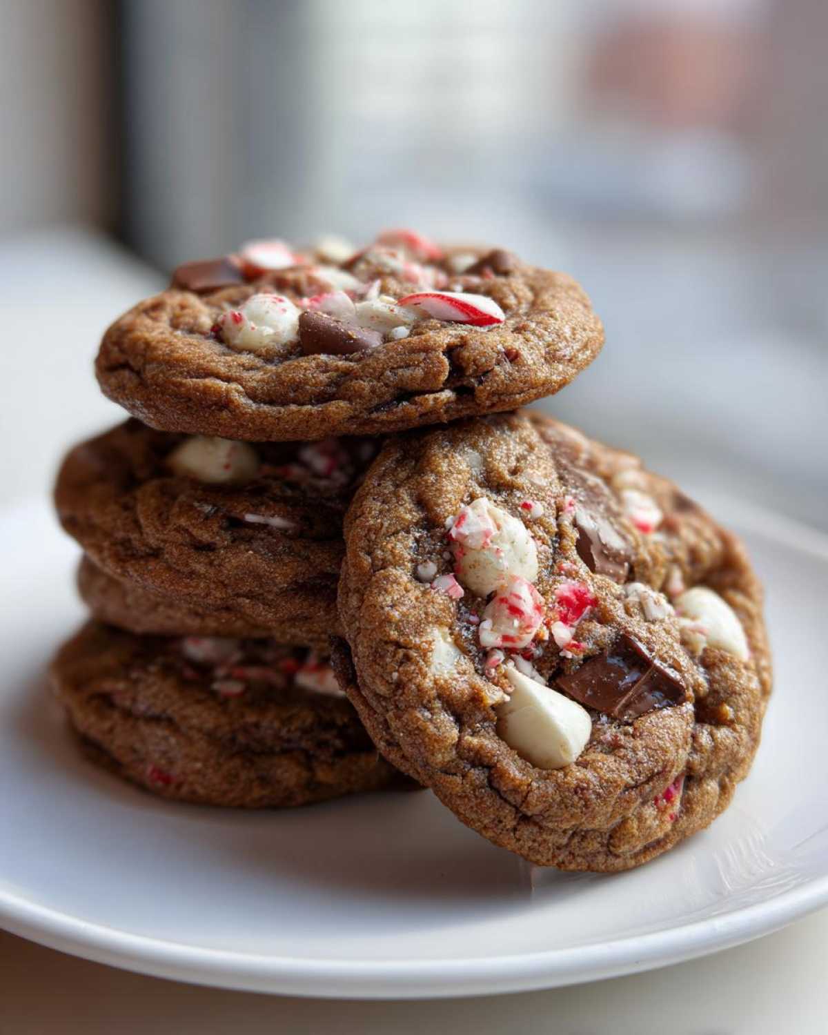 A stack of four chewy peppermint chocolate chip cookies topped with white chocolate and crushed candy canes.