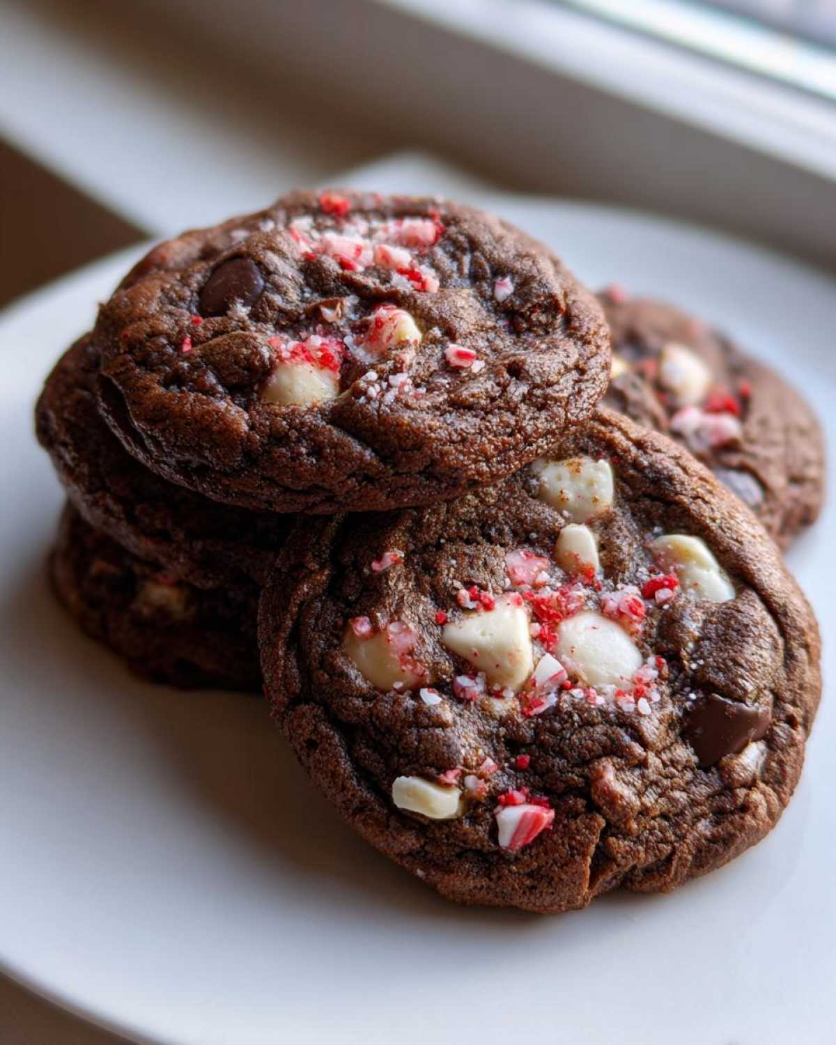 A stack of chewy, dark chocolate peppermint chocolate chip cookies topped with white chocolate chunks and crushed candy canes.