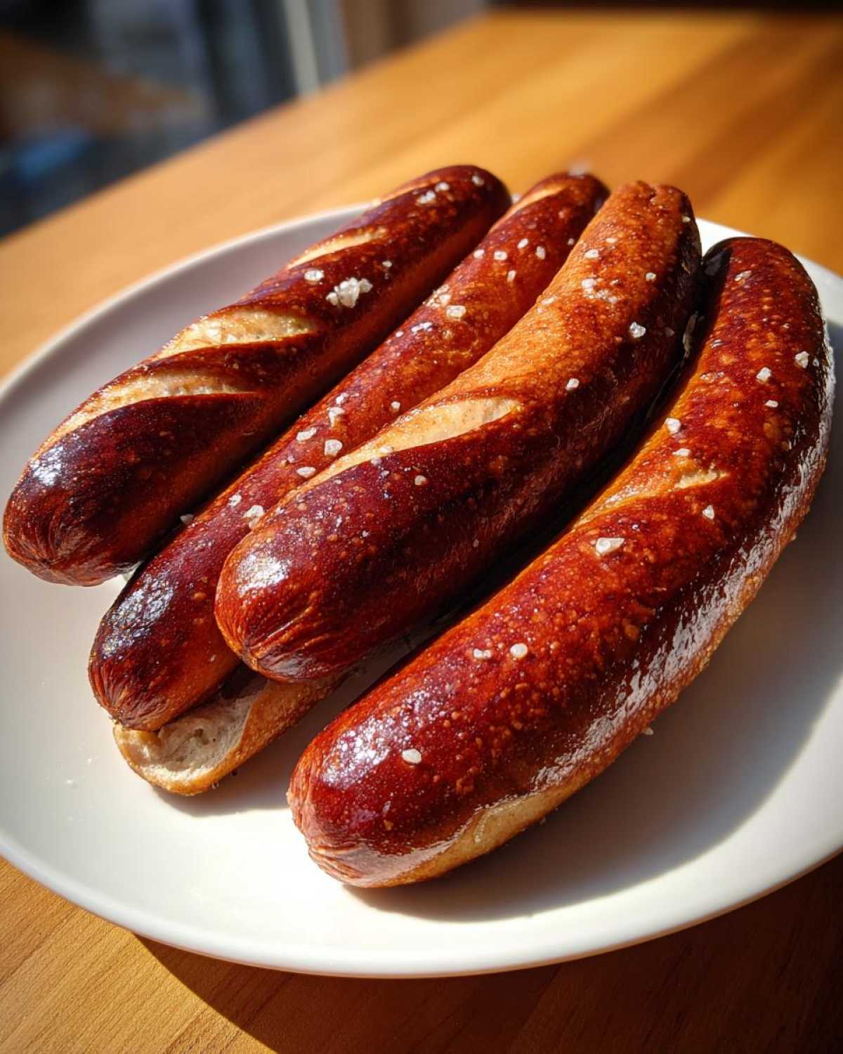 Four freshly baked pretzel dogs, shiny and dark brown, sprinkled with coarse salt, resting on a white plate.