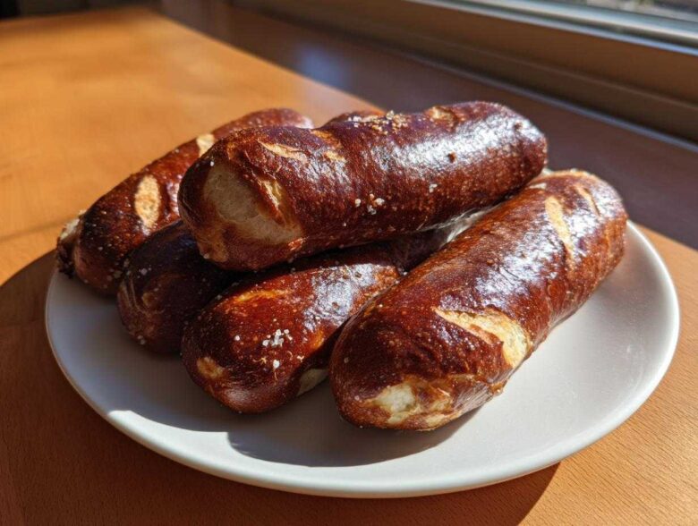 A stack of freshly baked, dark brown, chewy pretzel dogs sprinkled with coarse salt on a white plate.