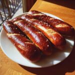 Four freshly baked, shiny brown pretzel dogs sprinkled with coarse salt resting on a white plate.