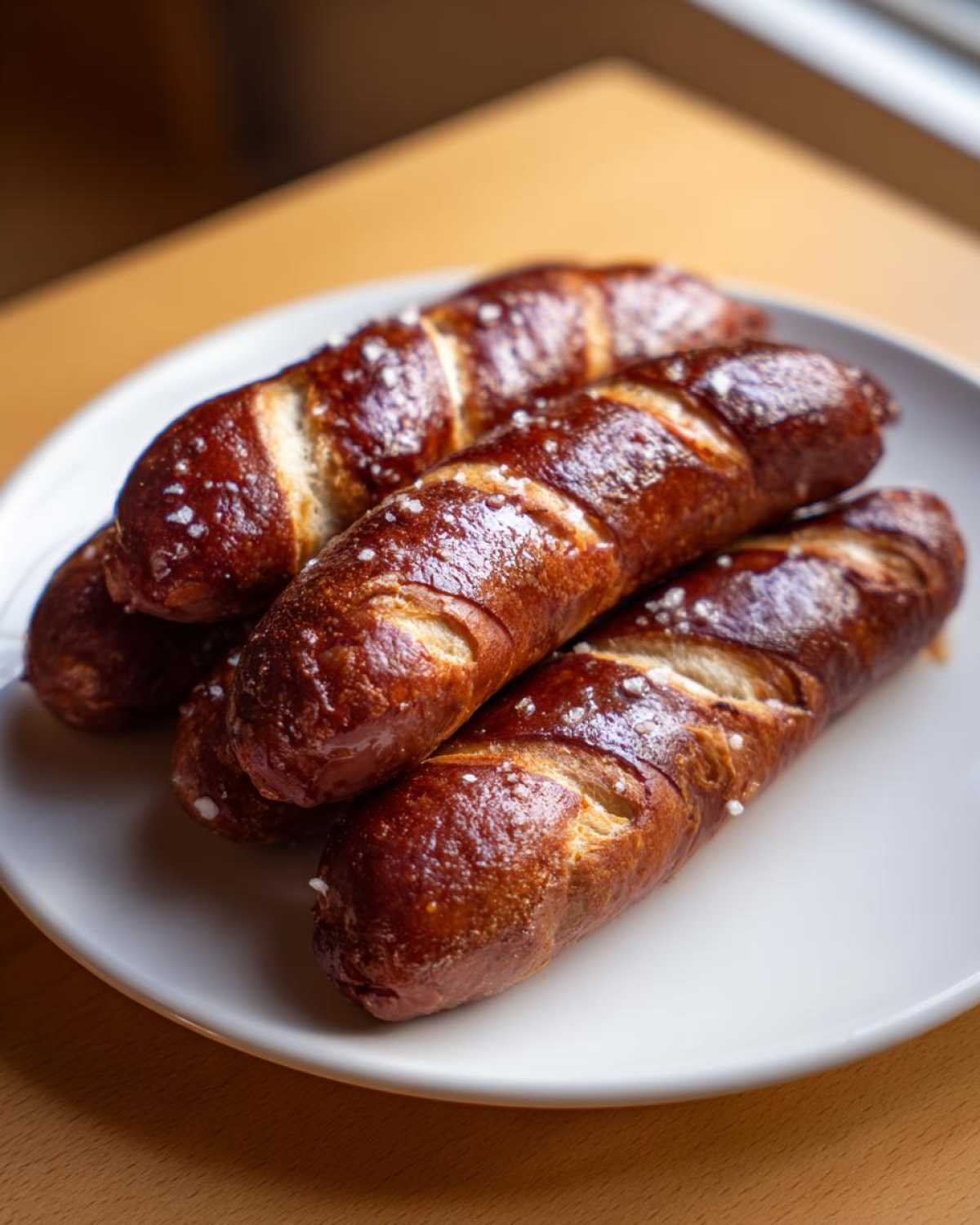 Close-up of four freshly baked pretzel dogs with a dark brown, glossy crust and coarse salt, stacked on a white plate.