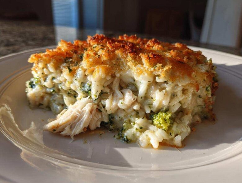 A close-up serving of creamy chicken broccoli rice casserole with a golden brown, crispy topping.