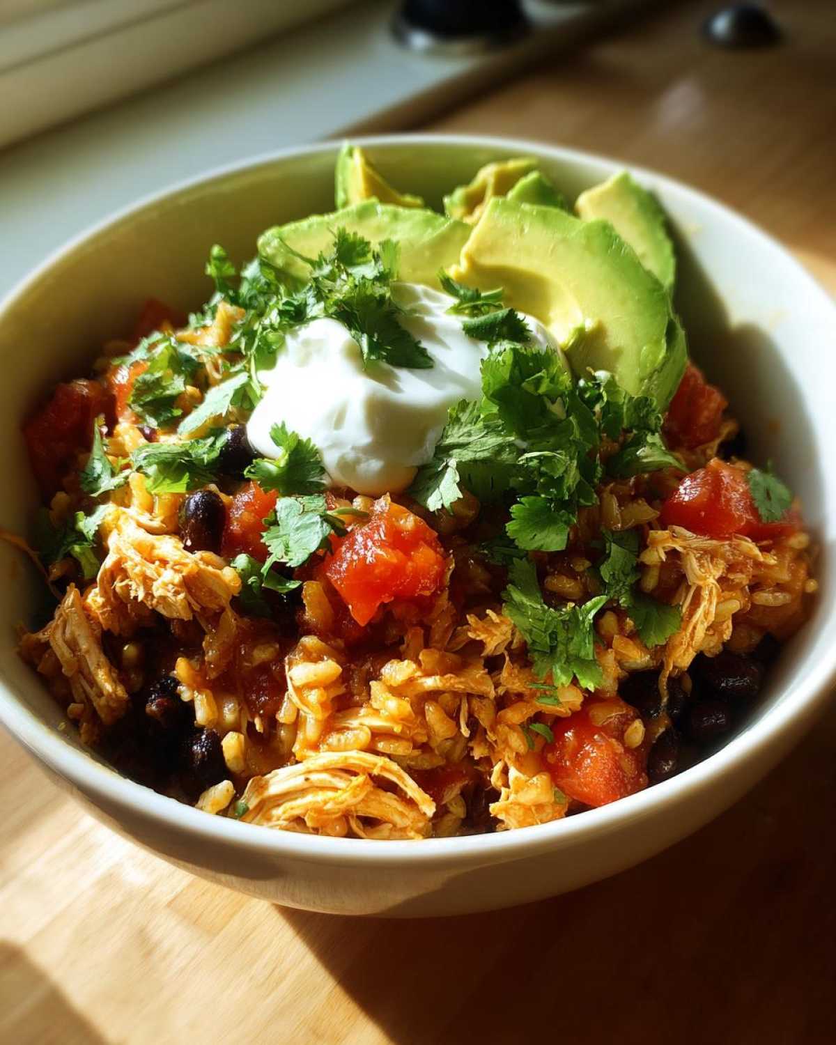 Close-up of a vibrant chicken burrito bowl featuring shredded chicken, rice, black beans, tomatoes, topped with avocado, sour cream, and cilantro.