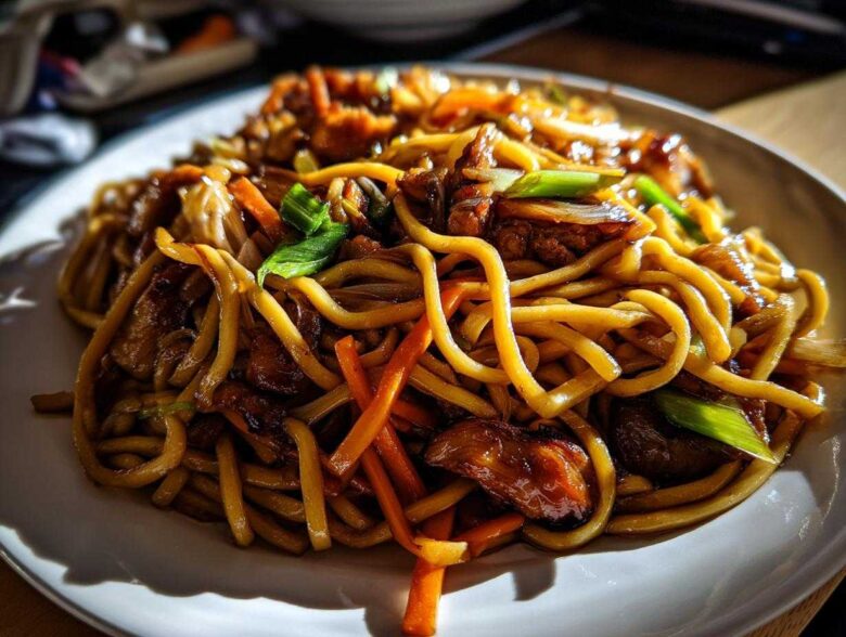 Close-up of a plate piled high with savory chicken chow mein recipe noodles, carrots, and green onions.
