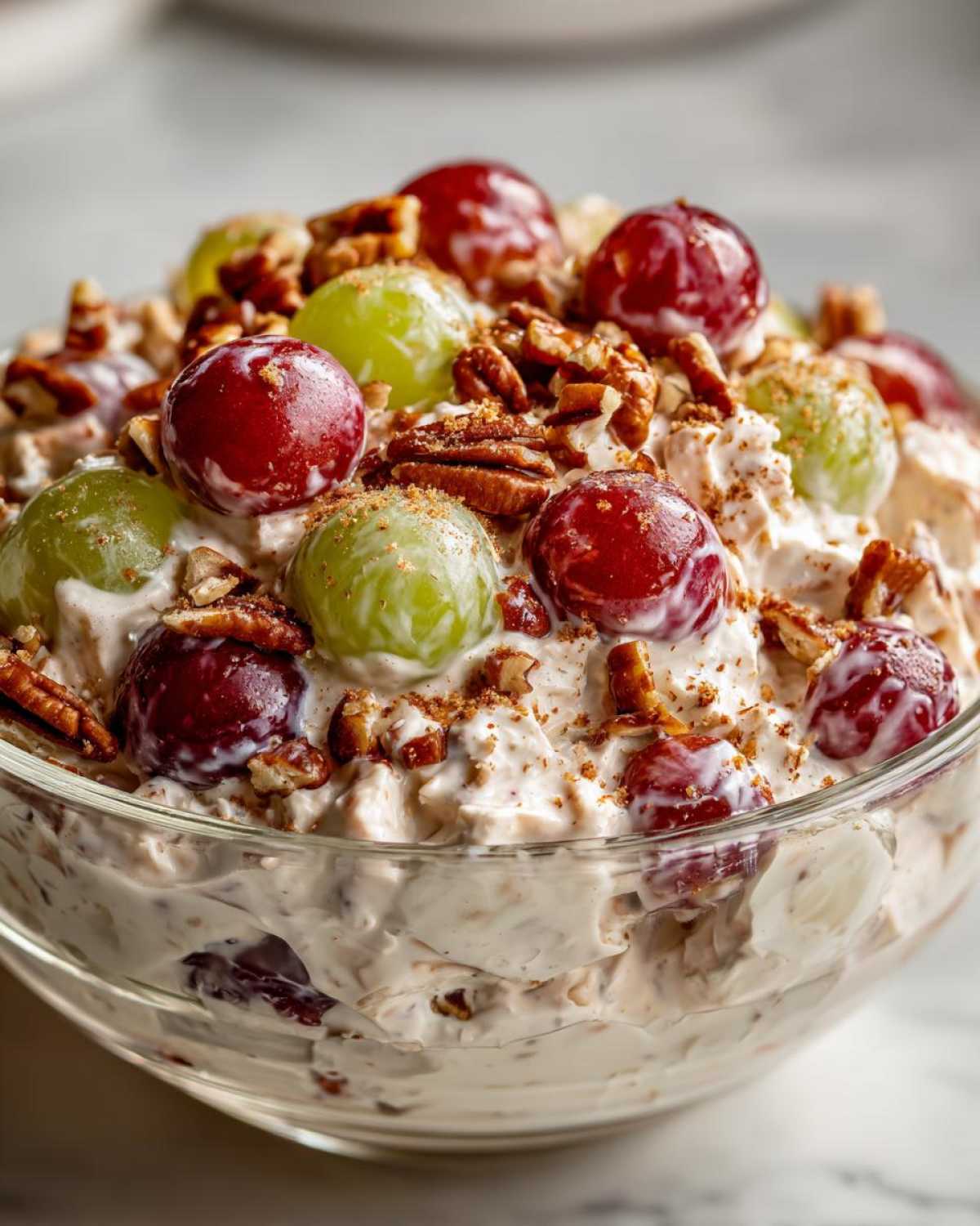 A creamy bowl of chicken salad chick grape salad topped with red and green grapes, pecans, and cinnamon.