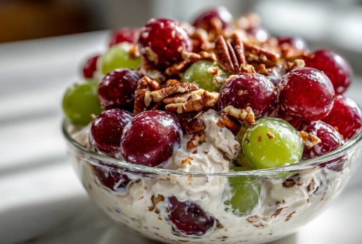 A glass bowl filled with creamy chicken salad chick grape salad, topped generously with red and green grapes and chopped pecans.