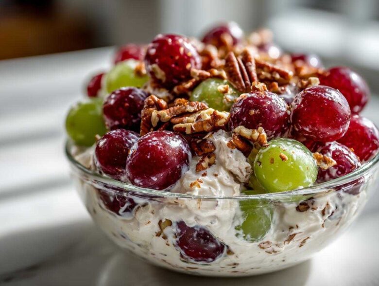 A glass bowl filled with creamy chicken salad chick grape salad, topped generously with red and green grapes and chopped pecans.