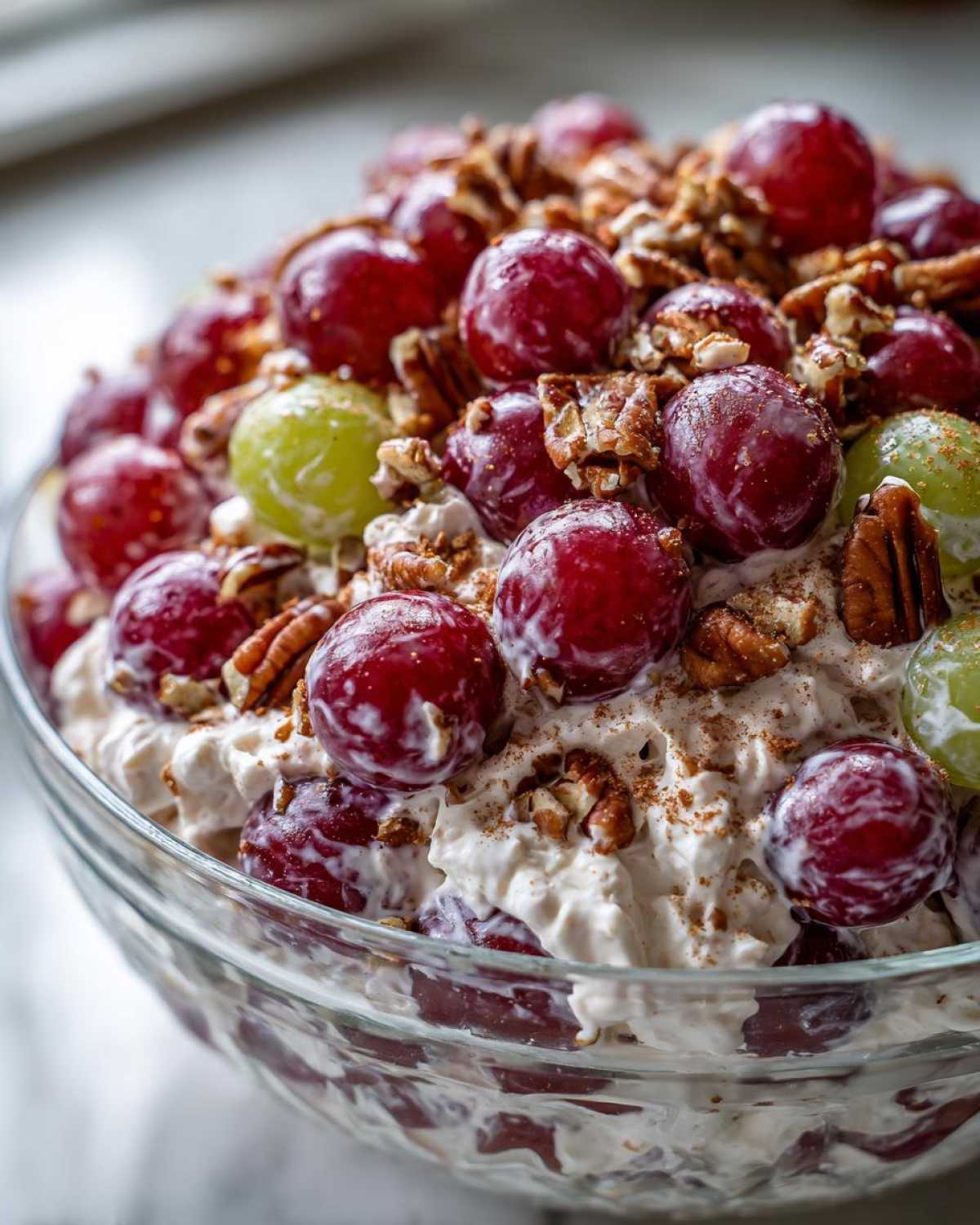 Close-up of creamy chicken salad chick grape salad topped with red and green grapes, pecans, and a dusting of cinnamon.