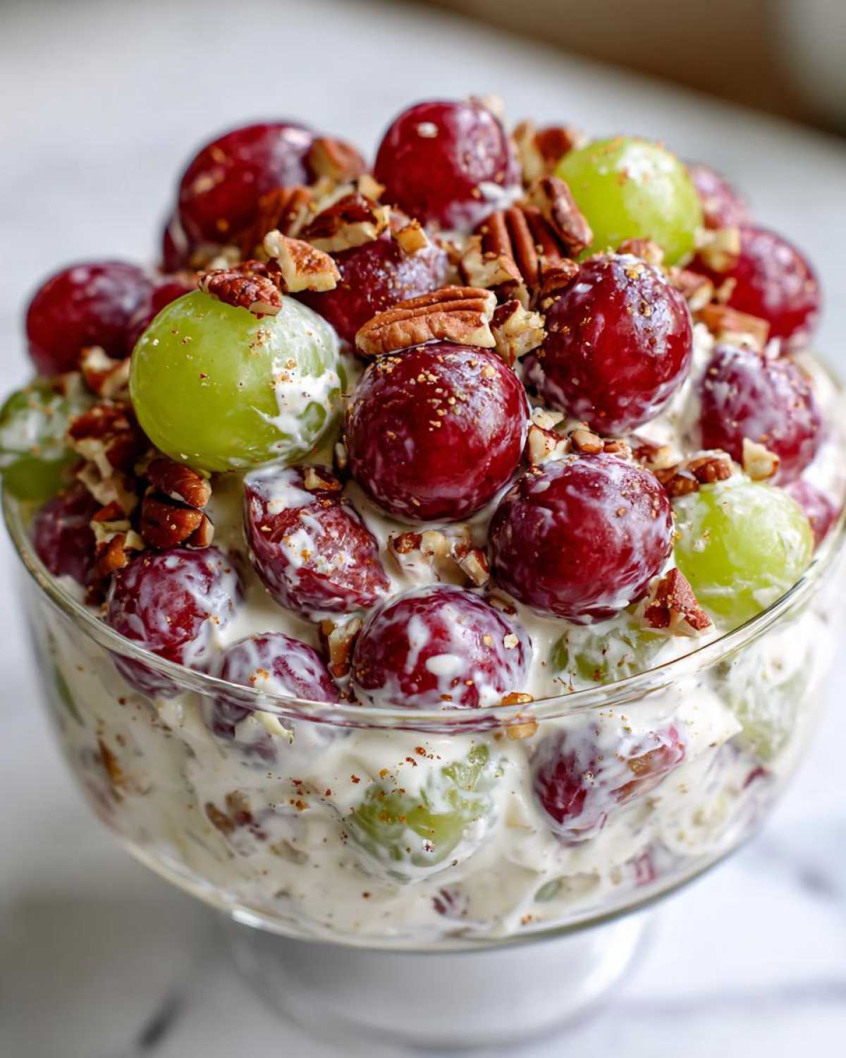 Close-up of creamy grape salad, featuring red and green grapes mixed in a sweet dressing and topped with pecans, similar to chicken salad chick grape salad.