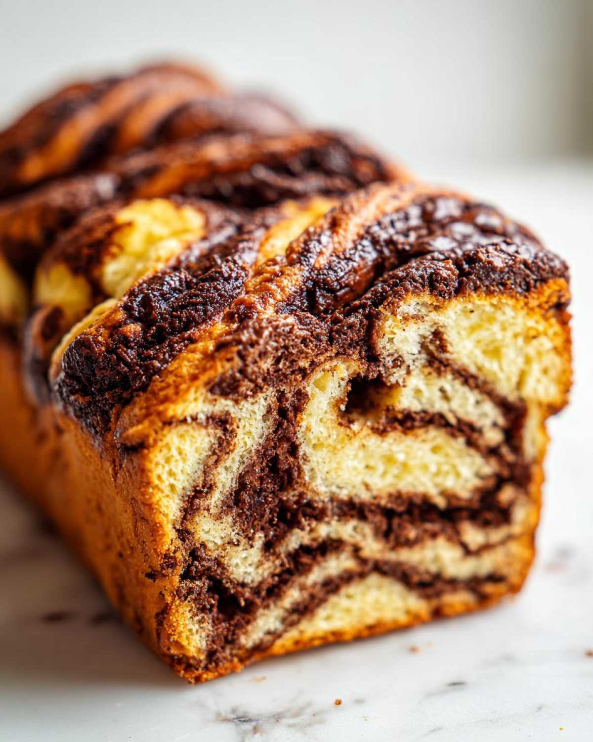 Close-up of a freshly baked chocolate babka loaf showing rich, dark chocolate swirls against the golden dough.