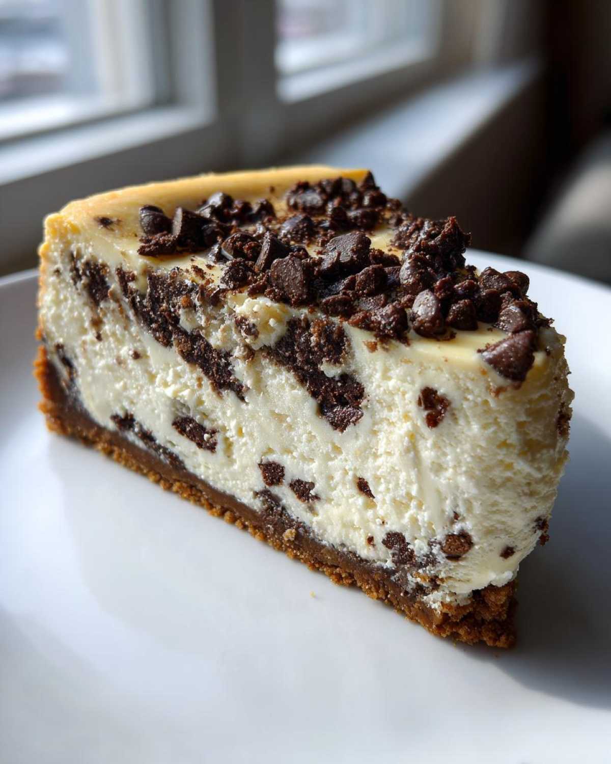 A perfect slice of creamy chocolate chip cheesecake with a graham cracker crust, topped with chocolate chips.