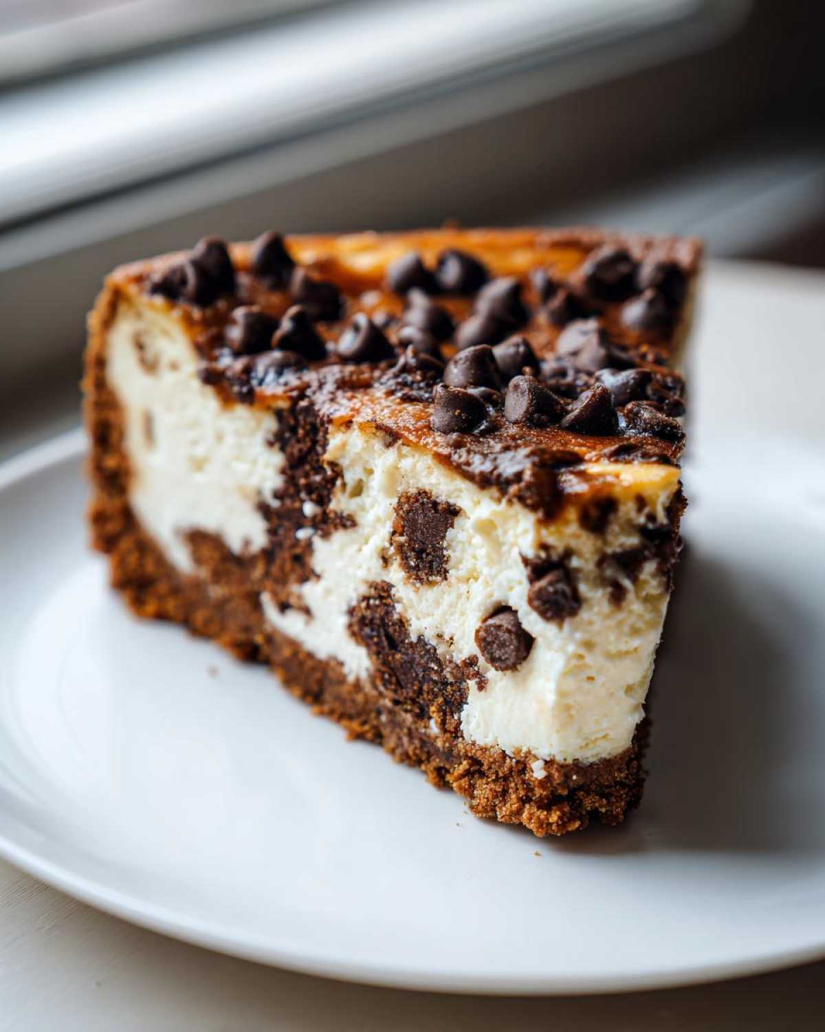A rich slice of chocolate chip cheesecake with a thick crust, marbled filling, and topped with chocolate chips.