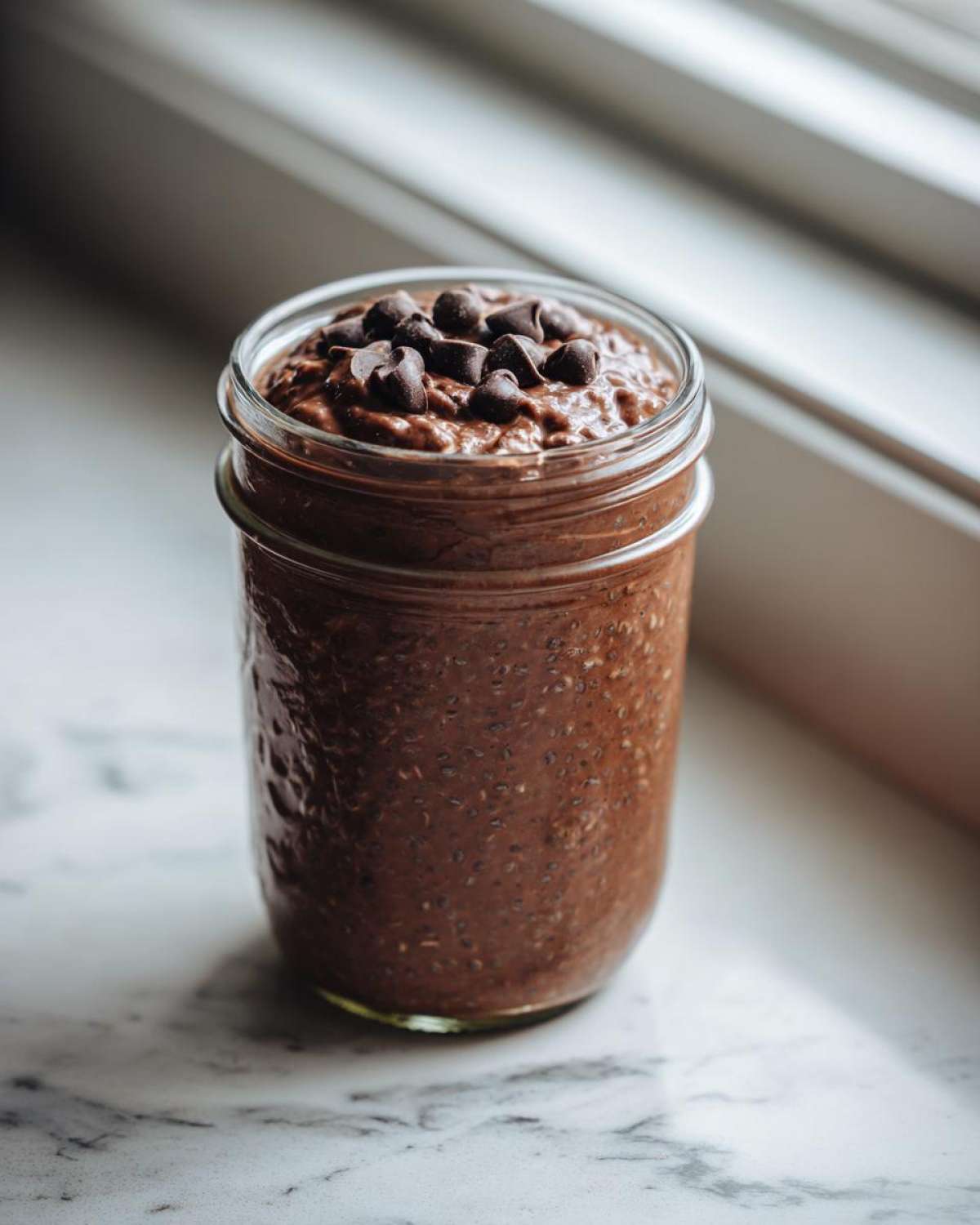 Close-up of chocolate overnight oats in a glass jar topped with chocolate chips.
