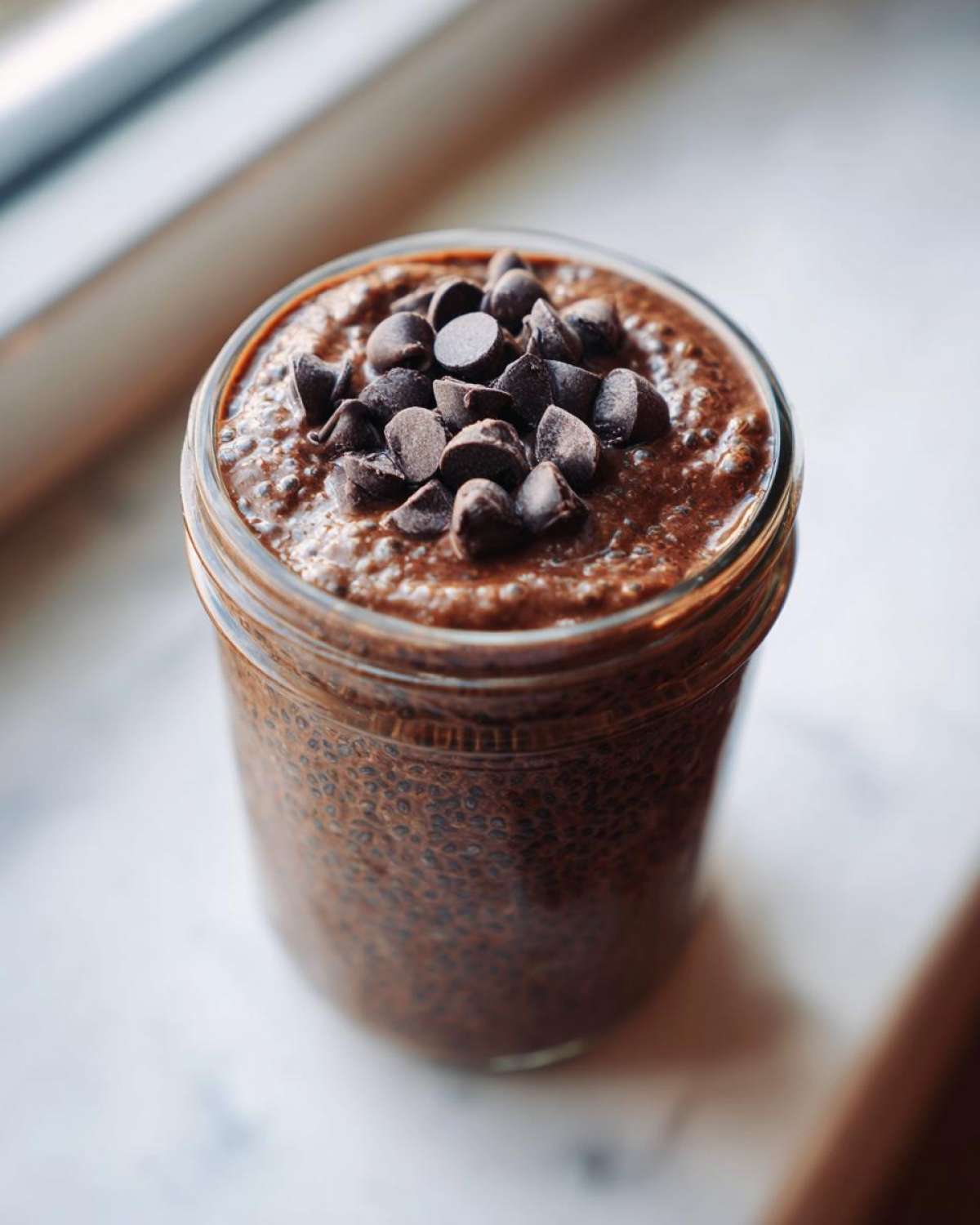 A glass jar filled with thick chocolate overnight oats, topped generously with dark chocolate chips.