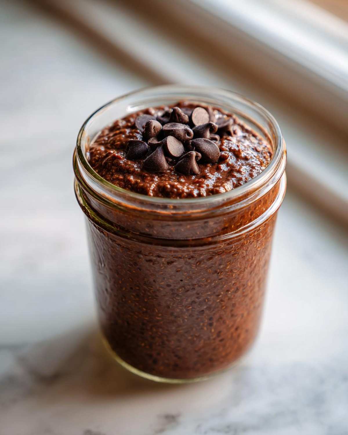 Close-up of rich chocolate overnight oats in a glass jar topped with chocolate chips.