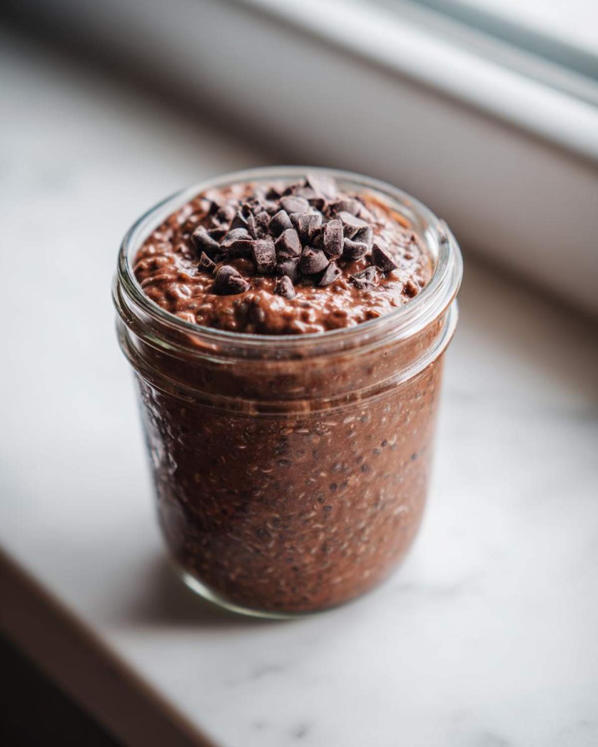 Close-up of rich chocolate overnight oats in a glass jar, topped with chocolate chips.