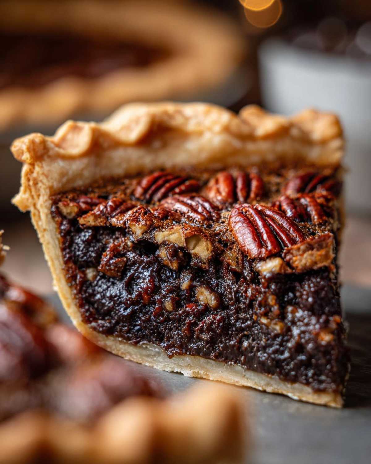 Close-up of a rich slice of chocolate pecan pie showing the dark, gooey filling and whole pecans on top.