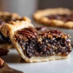 Close-up of a thick slice of chocolate pecan pie showing gooey filling and a whole pecan on top.