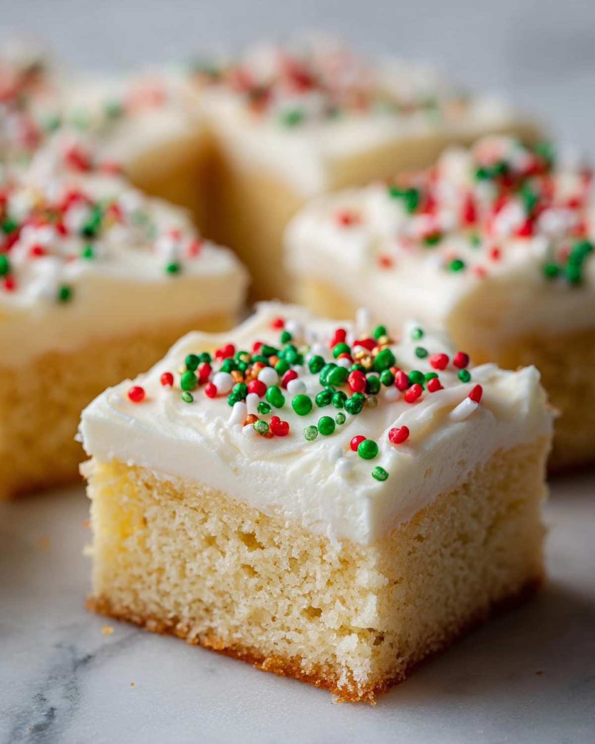A single square of soft christmas sugar cookie bars topped with white frosting and red, green, and white sprinkles.