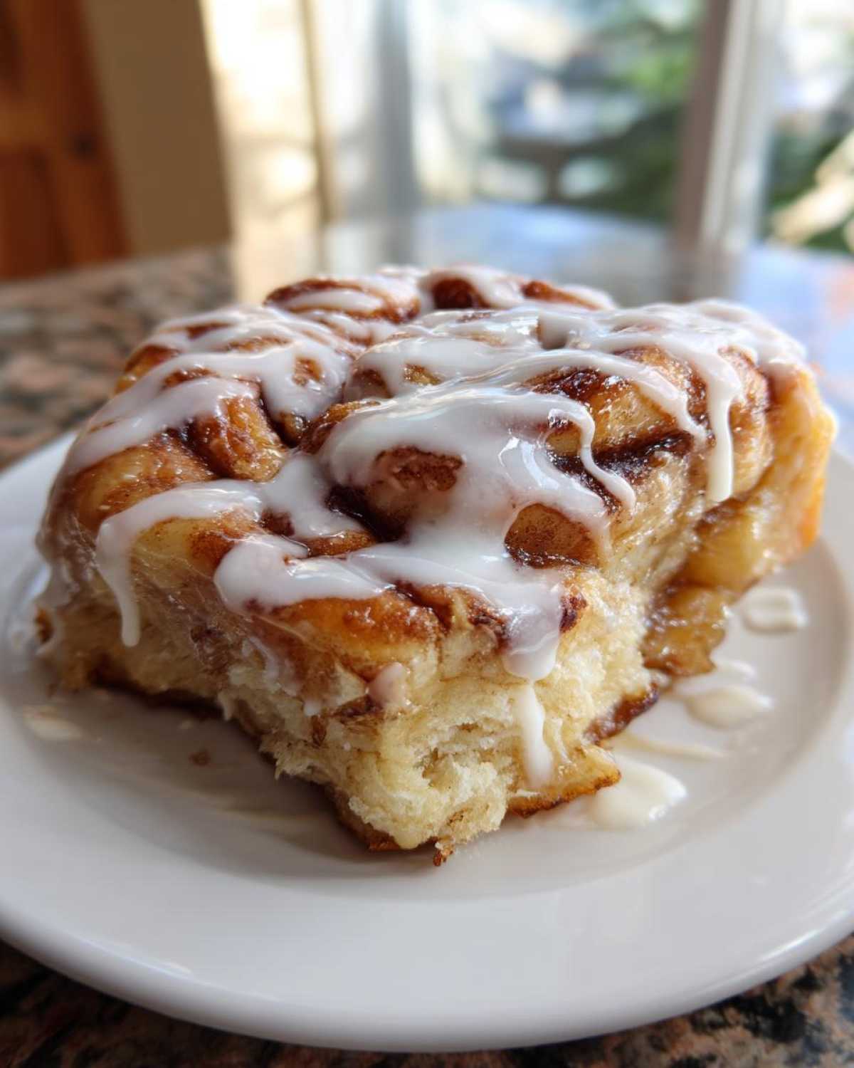 Close-up of a gooey, glazed portion of cinnamon roll apple pie hack on a white plate.