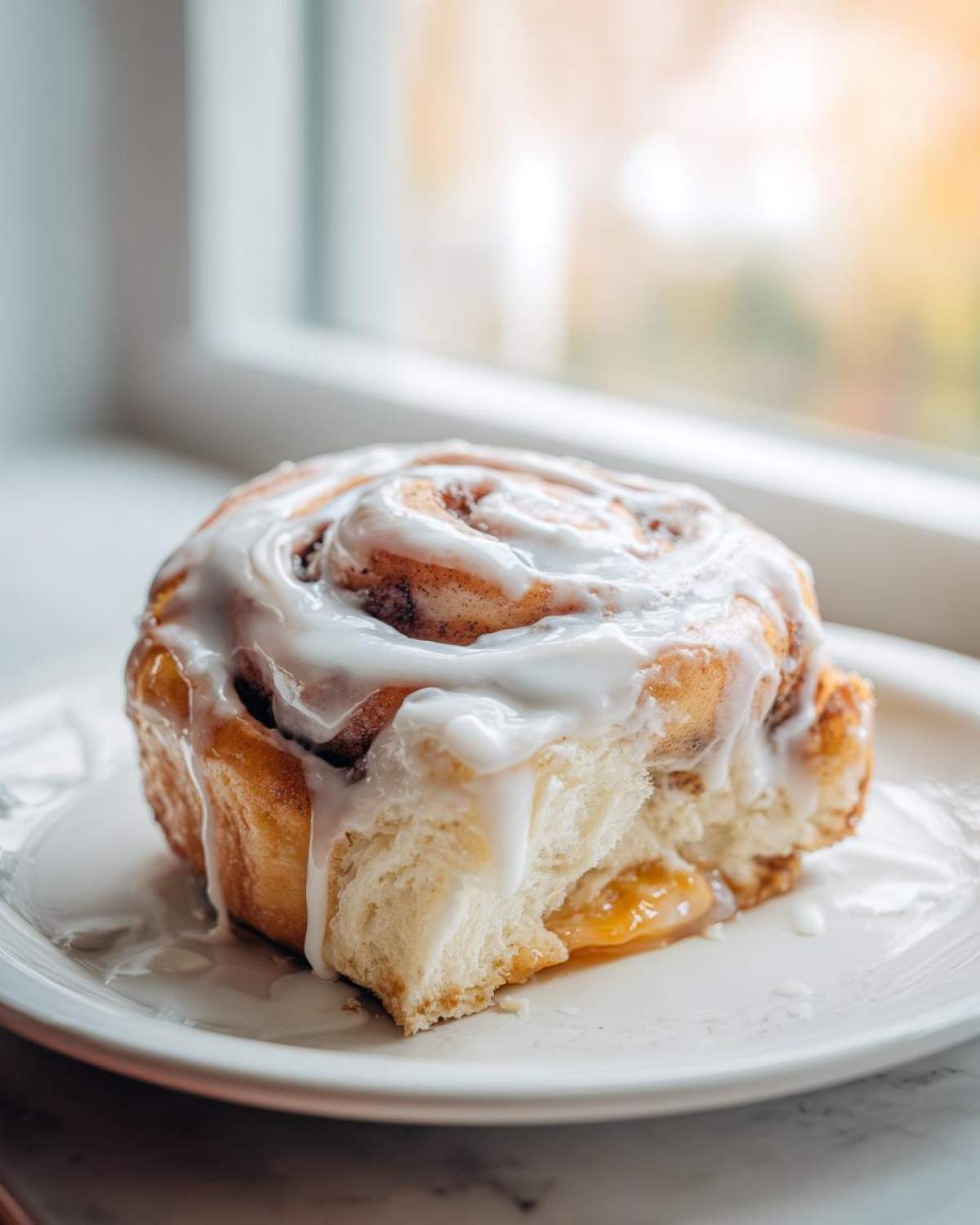 A close-up of a fluffy cinnamon roll topped with thick white icing, showing a bite taken out revealing apple filling, part of the cinnamon roll apple pie hack.