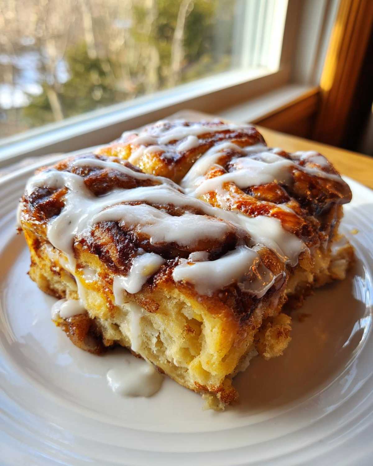 A close-up of a serving of gooey, iced cinnamon rolls, representing the cinnamon roll apple pie hack.
