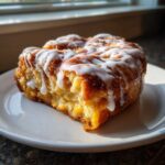 A close-up of a square slice of cinnamon roll apple pie dessert covered in white icing.