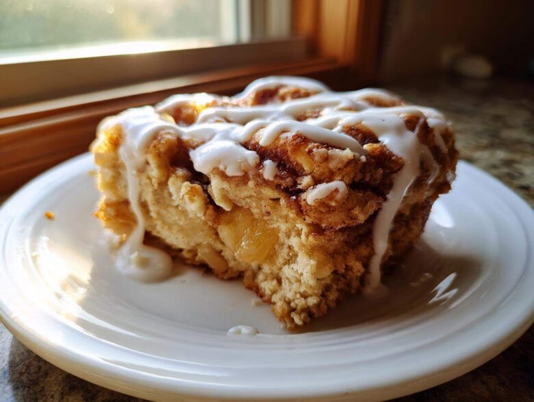 A close-up of a square slice of cinnamon roll apple pie topped with thick white icing.