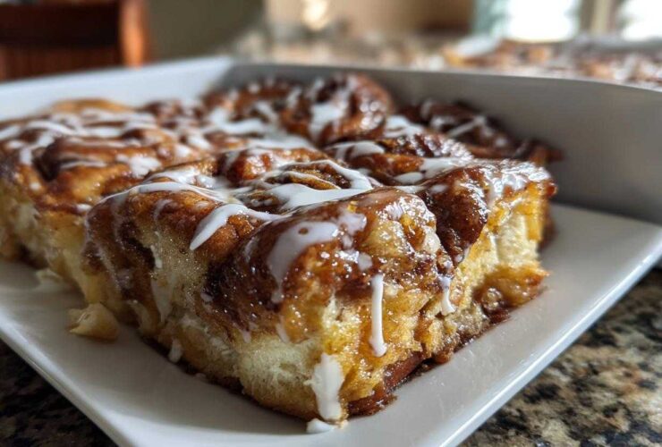 A close-up, low-angle shot of a freshly baked slice of cinnamon roll casserole topped with white icing.