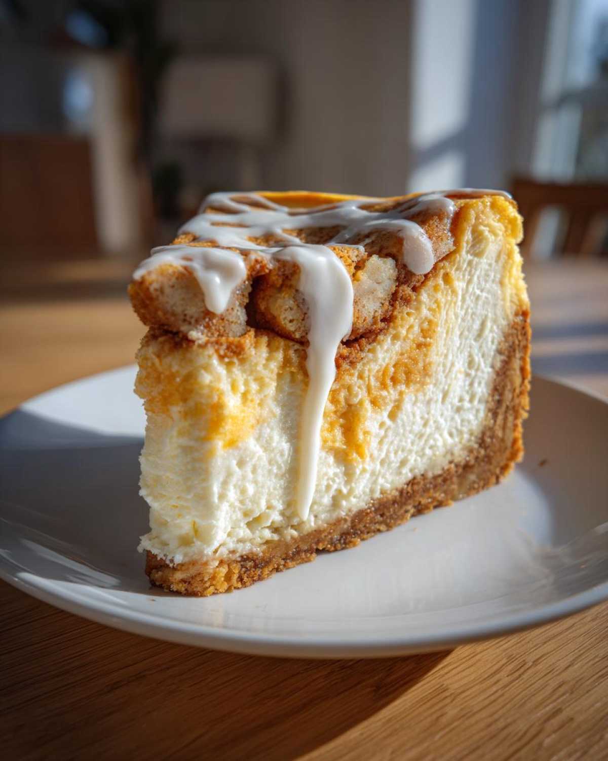 A tall slice of cinnamon roll cheesecake with a thick graham cracker crust and white icing drizzled on top.
