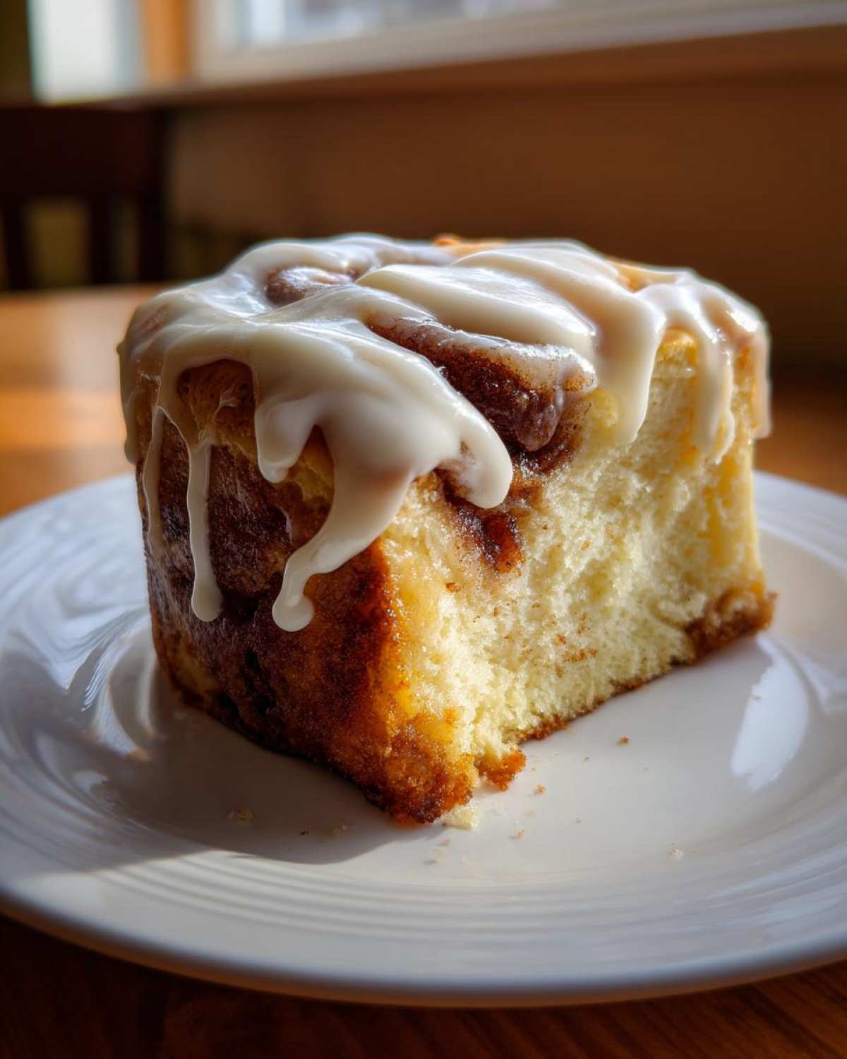 A square slice of cinnamon roll cheesecake topped with thick, dripping cream cheese icing.