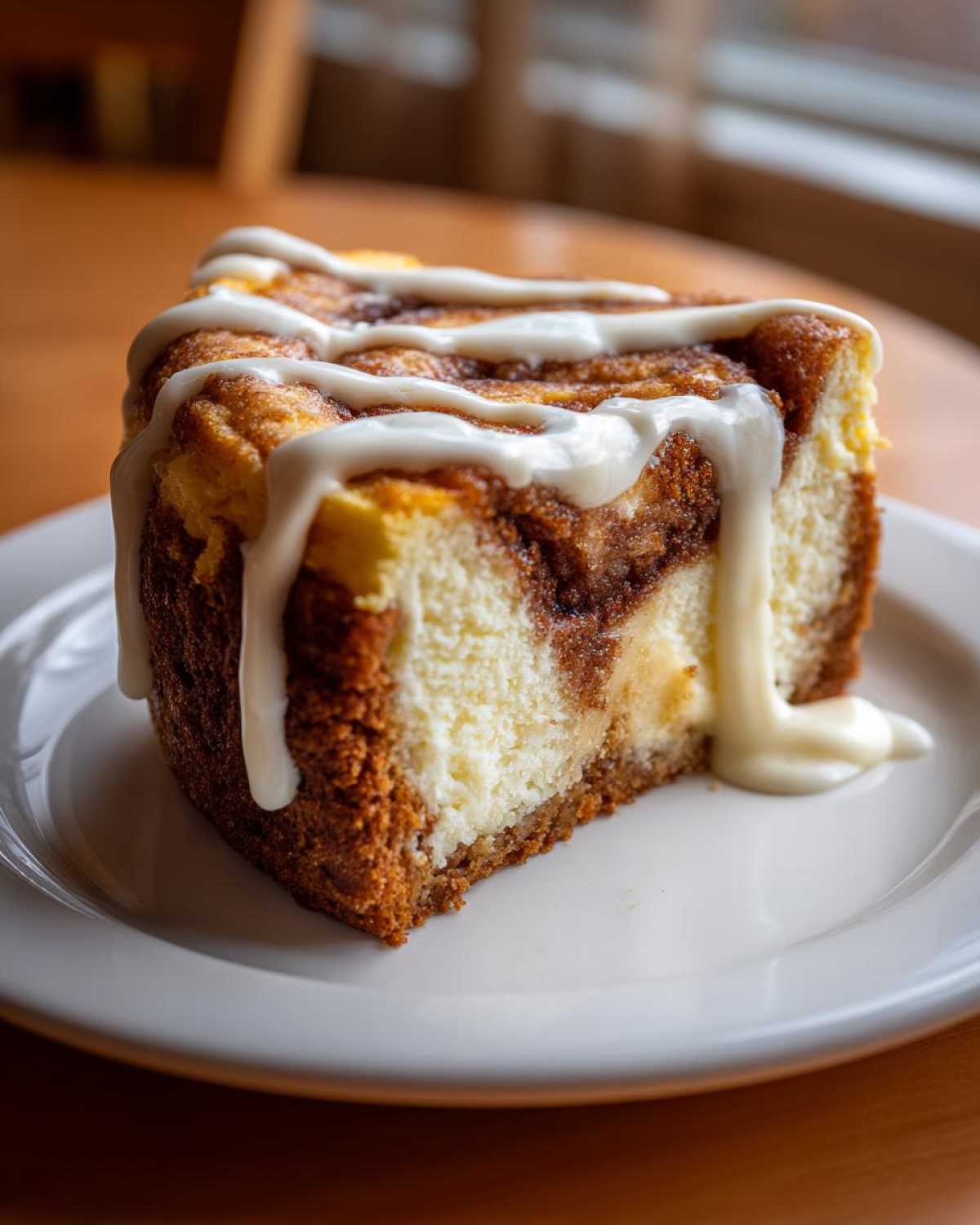 A decadent slice of cinnamon roll cheesecake topped with thick white icing drizzled across the top.