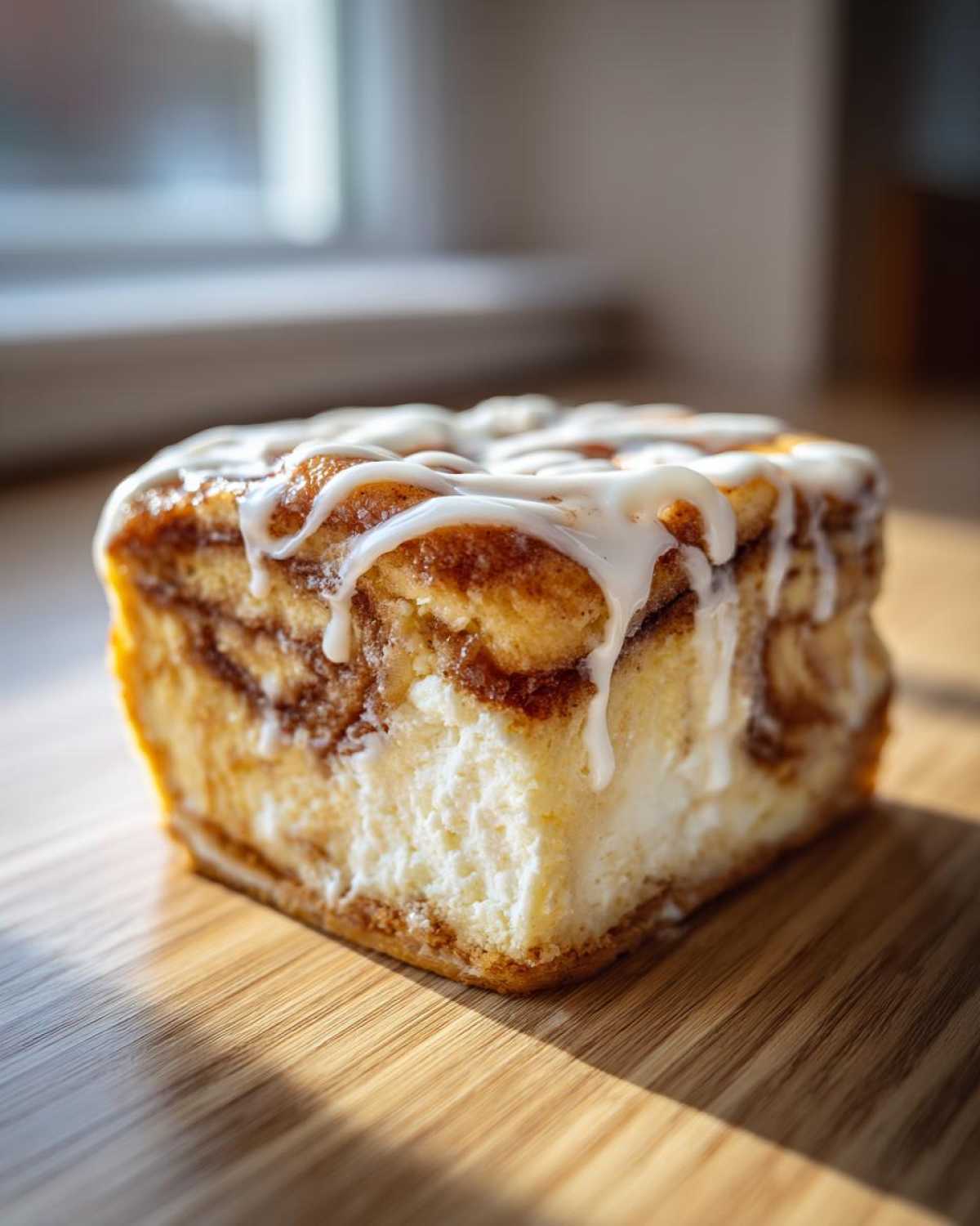 Close-up of a thick slice of cinnamon roll cheesecake topped with white icing drizzle.