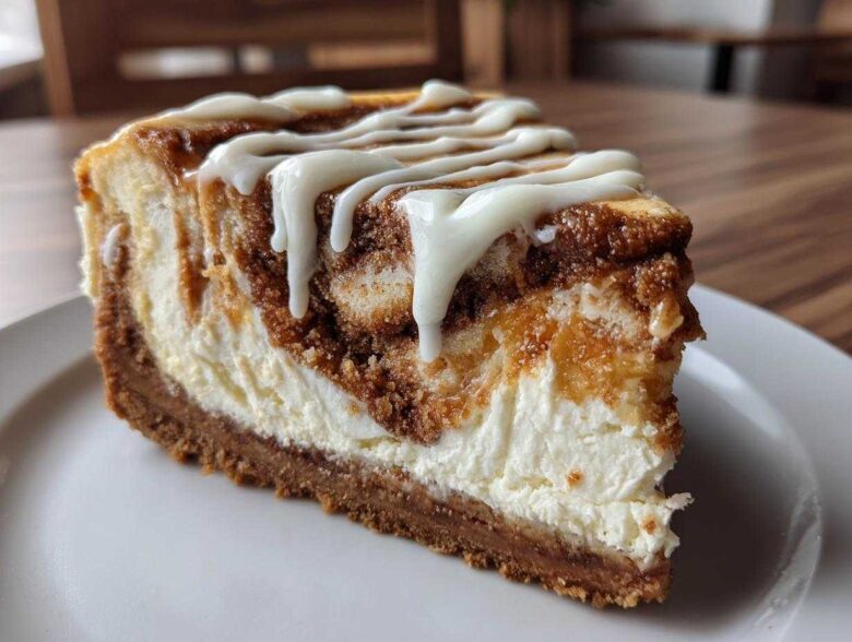 A close-up of a rich slice of cinnamon roll cheesecake with a thick graham cracker crust and white icing drizzled on top.
