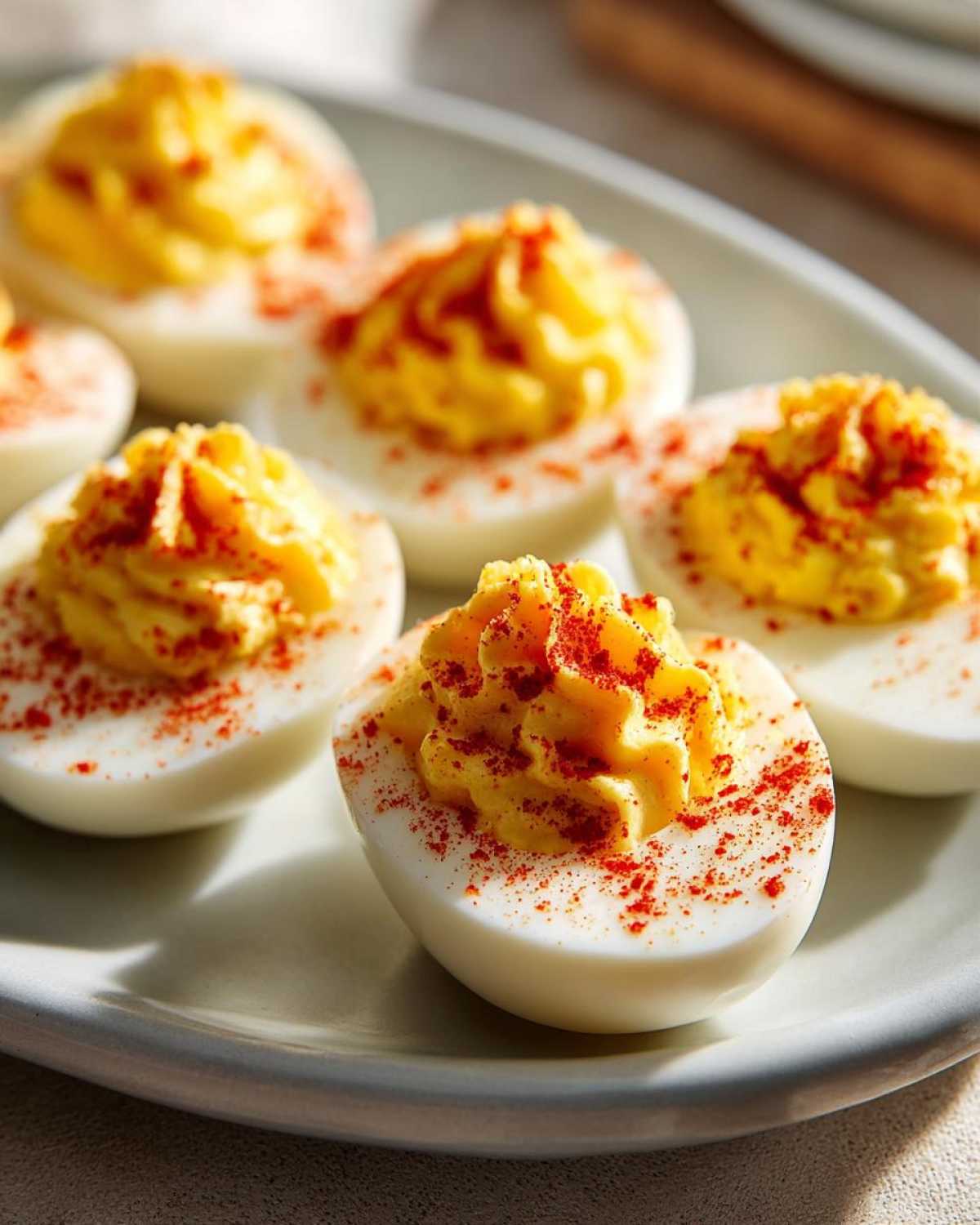 Close-up of several classic deviled eggs with piped yellow filling, sprinkled with paprika, on a light plate.