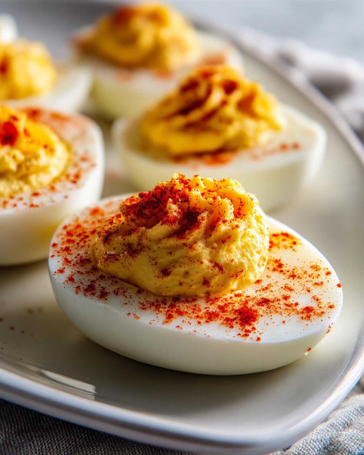 Close-up of a perfectly piped classic deviled egg topped generously with bright red paprika.
