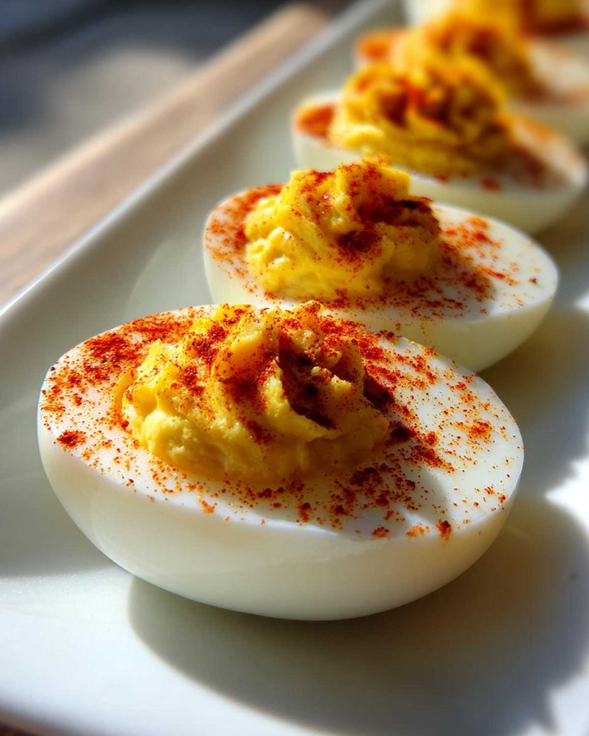Close-up of classic deviled eggs, piped high with filling and sprinkled generously with paprika.