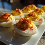 A close-up of several classic deviled eggs garnished with paprika, arranged on a white platter.