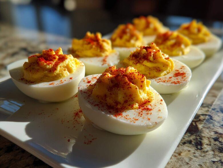 A close-up of several classic deviled eggs garnished with paprika, arranged on a white platter.