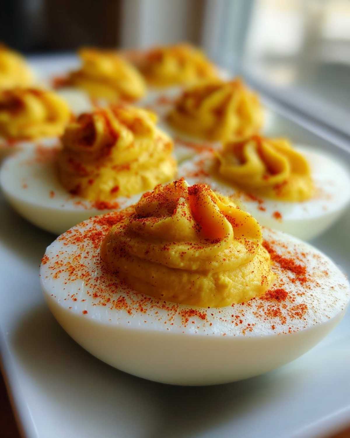 Close-up of beautifully piped classic deviled eggs sprinkled with paprika on a white platter.
