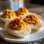 Four halves of classic deviled eggs, piped high with creamy filling and dusted generously with paprika.