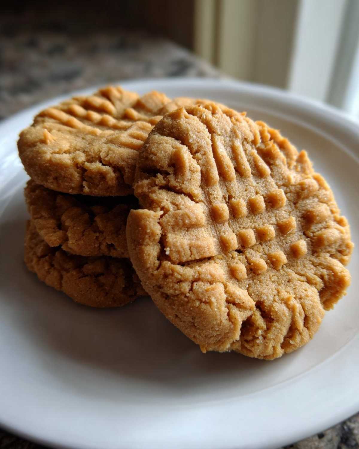 Close-up of a stack of three classic peanut butter cookies showing the signature crisscross fork marks.